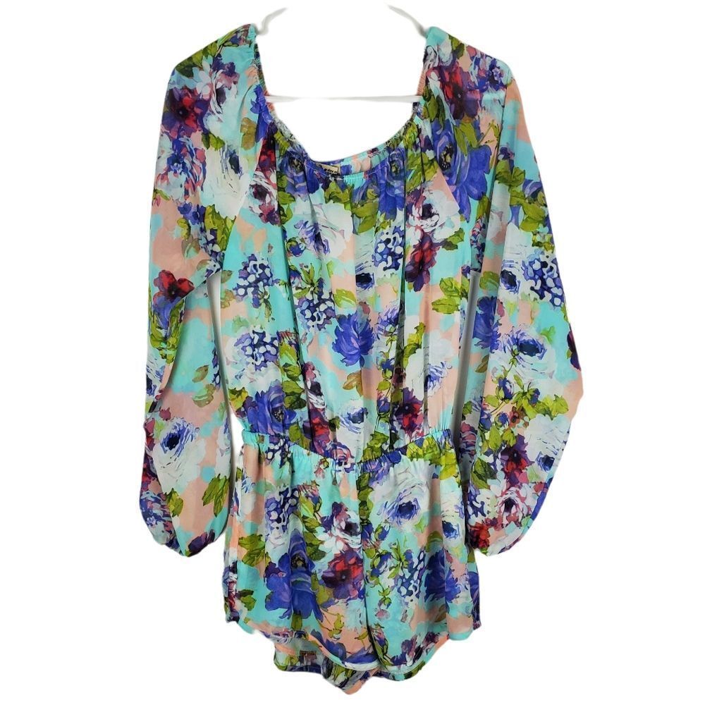 Show Me Your Mumu Sheer Long Sleeve Floral Romper One Piece Outfit Off Shoulder